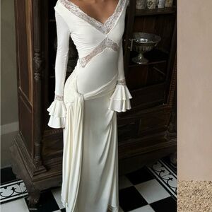 Meshki Cream Long Sleeve Dress with Lace and Ruffles